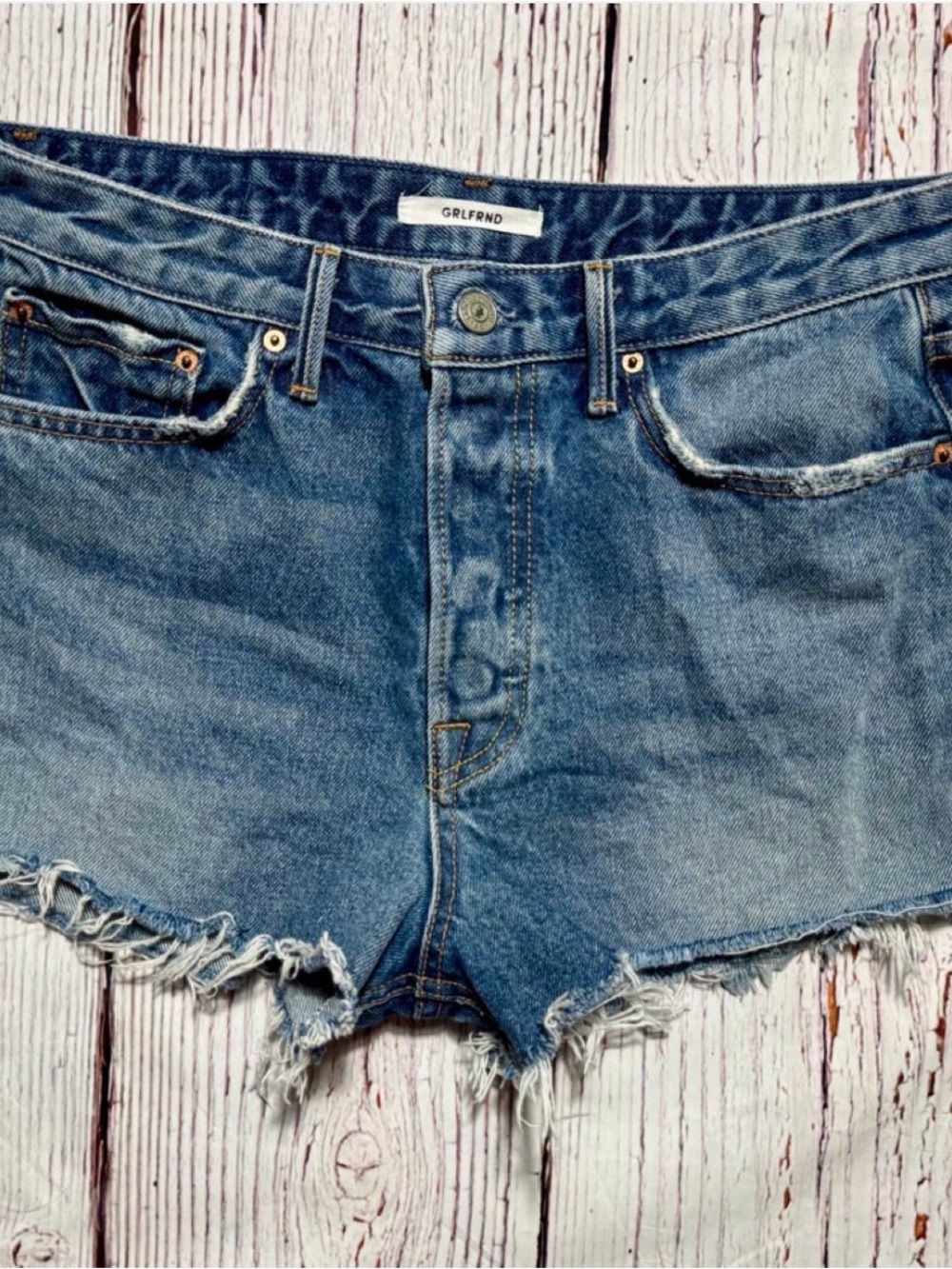 GRLFRND Cindy Shorts High Rise Cutoff Denim Size 28 Light Wash Frayed Hem Jean